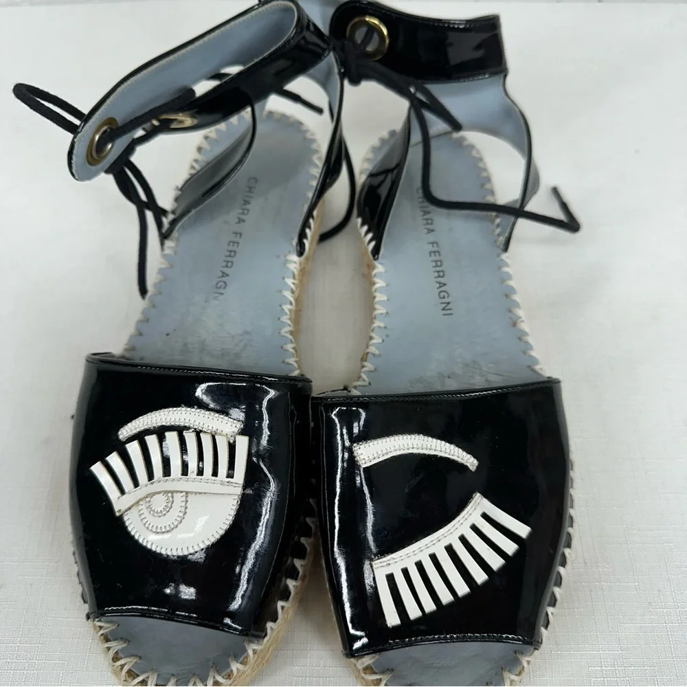 Chiara Ferragni Women's Size 37 Winking Black Patent Leather Platform Espadrille